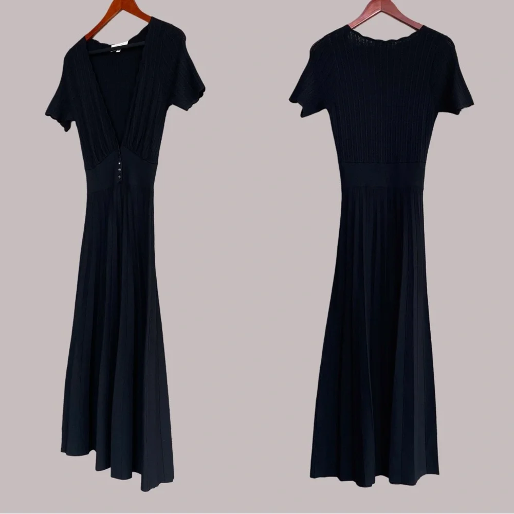 SEZANE Black Plunging V Neck Ecovero Lenzing Scalloped Knit Dahlia Midi Dress - Picture 4 of 10